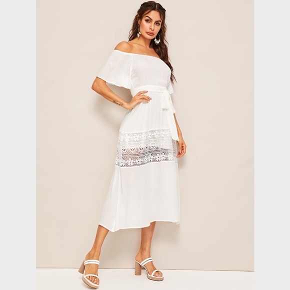 Off Shoulder Lace Detailed White Midi Dress - Picture 2 of 7